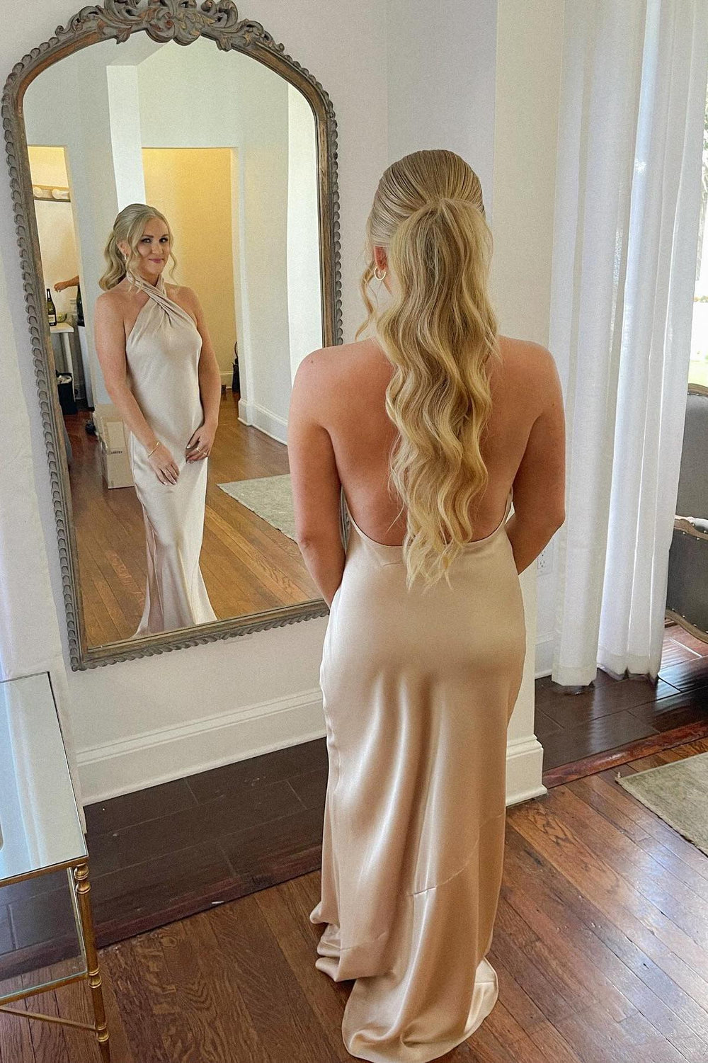 Halter Champagne Back Tie A-line Short Dress