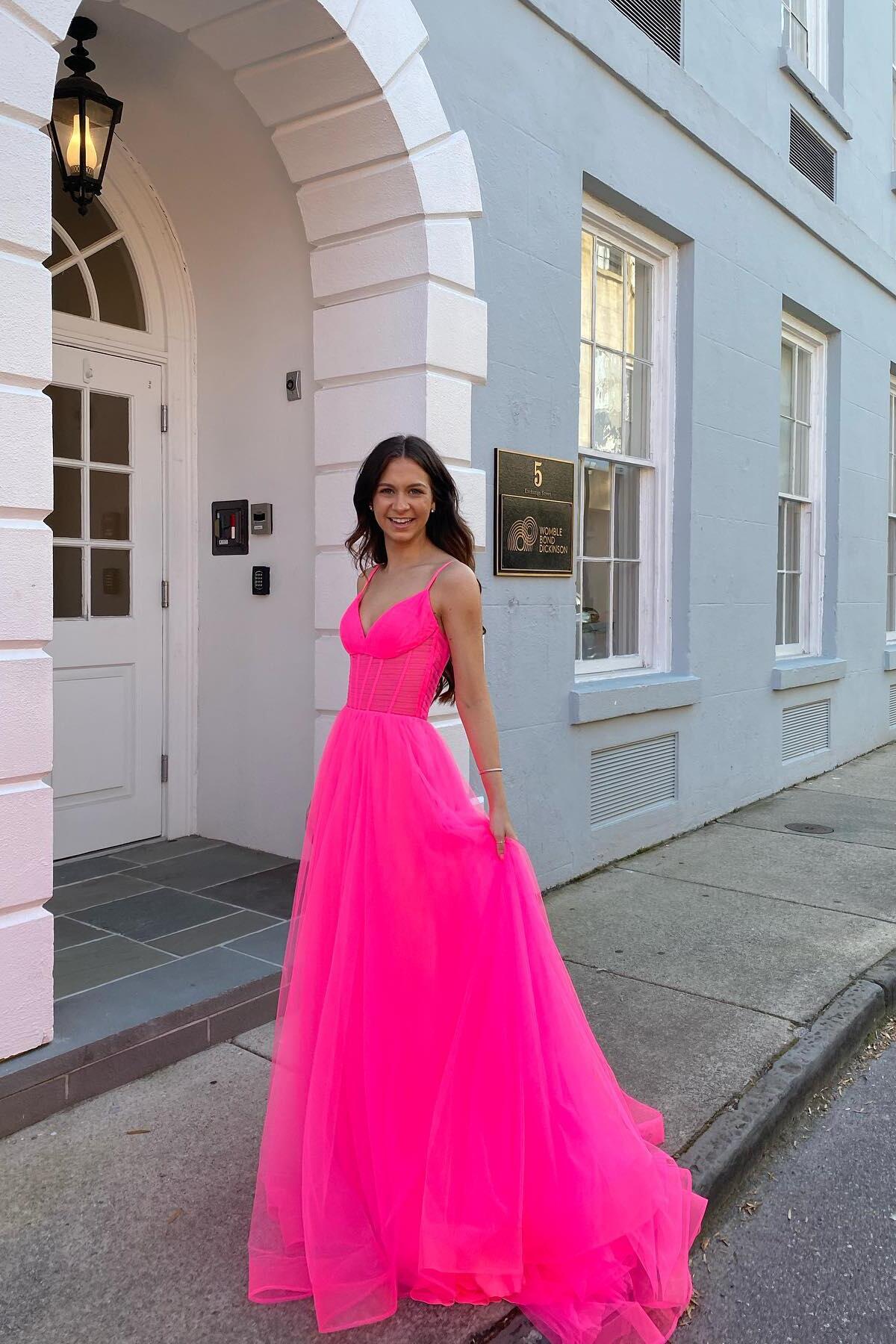 Hot Pink Sheer Corset A-line Formal Dress