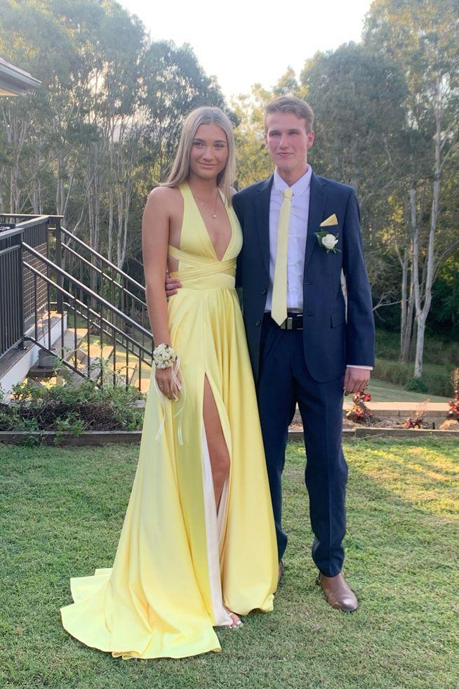 Plunge Yellow A-line Long Formal Dress with Slit Dressesforparty Plunge Yellow A-line Long Formal Dress with Slit Dressesforparty