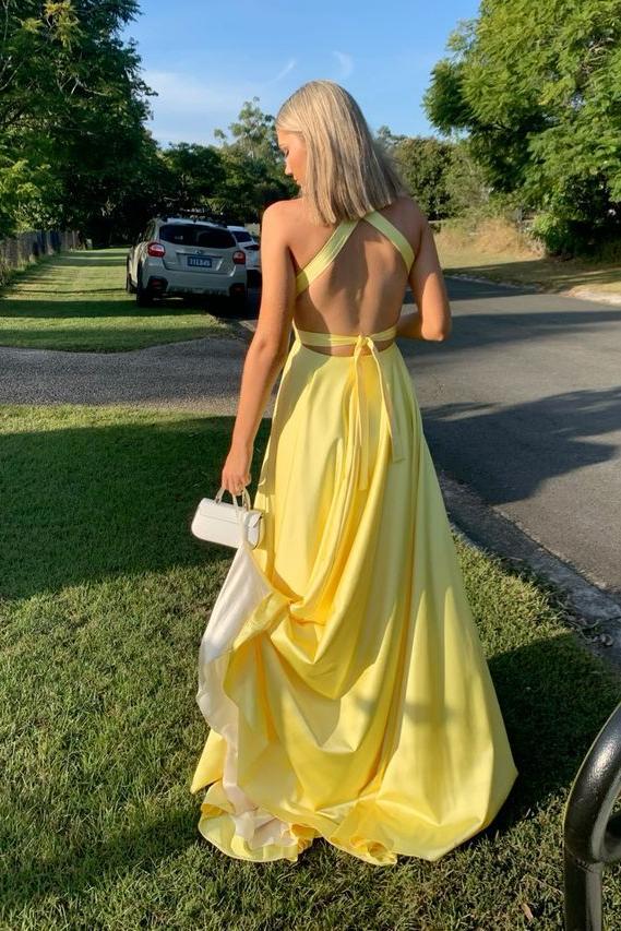 Plunge Yellow A-line Long Formal Dress with Slit Dressesforparty Plunge Yellow A-line Long Formal Dress with Slit Dressesforparty