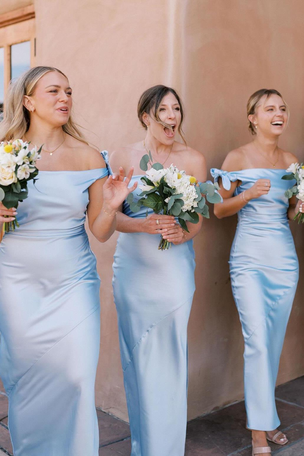 Off the Shoulder Light Blue Sheath Bridesmaid Dress