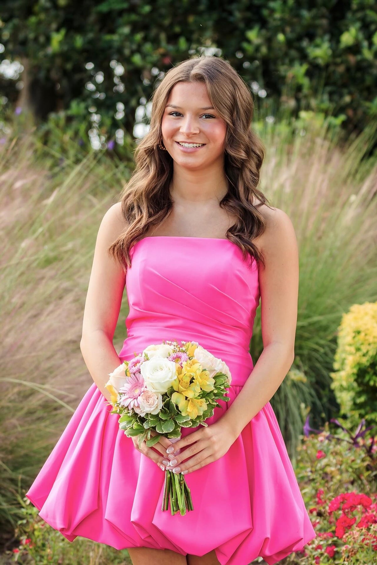 Hot Pink A-line Strapless Bubble Dress