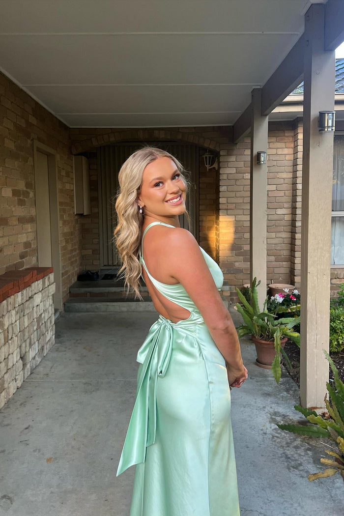 A Line V Neck Yellow Satin Long Prom Dresses with High Slit, V Neck Yellow Formal Graduation Evening Dresses EP1614