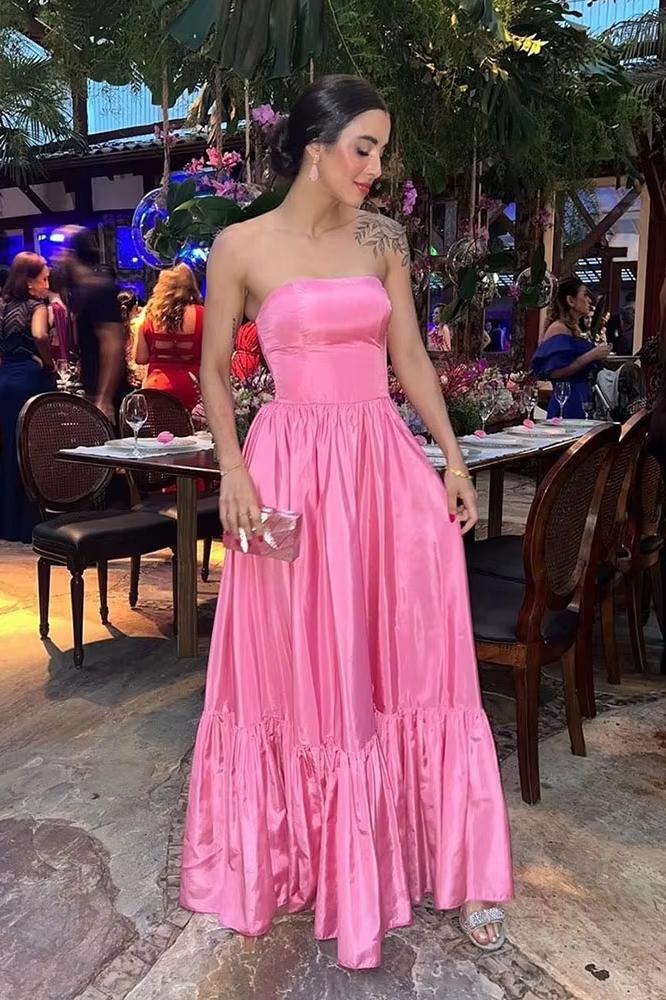 Pink and Red Strapless Ruffled A Line Formal Dress