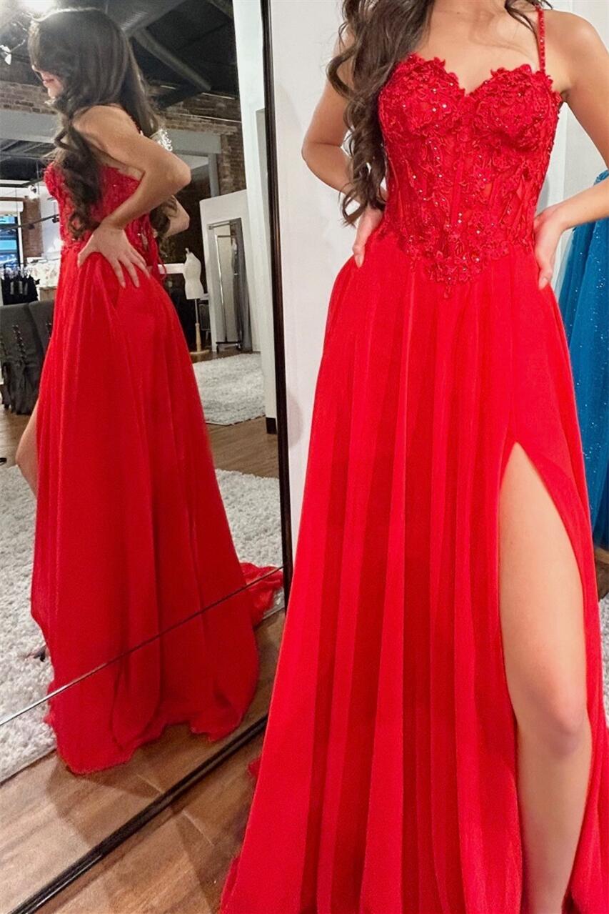 Straps Red Lace and Chiffon Long Prom Dress