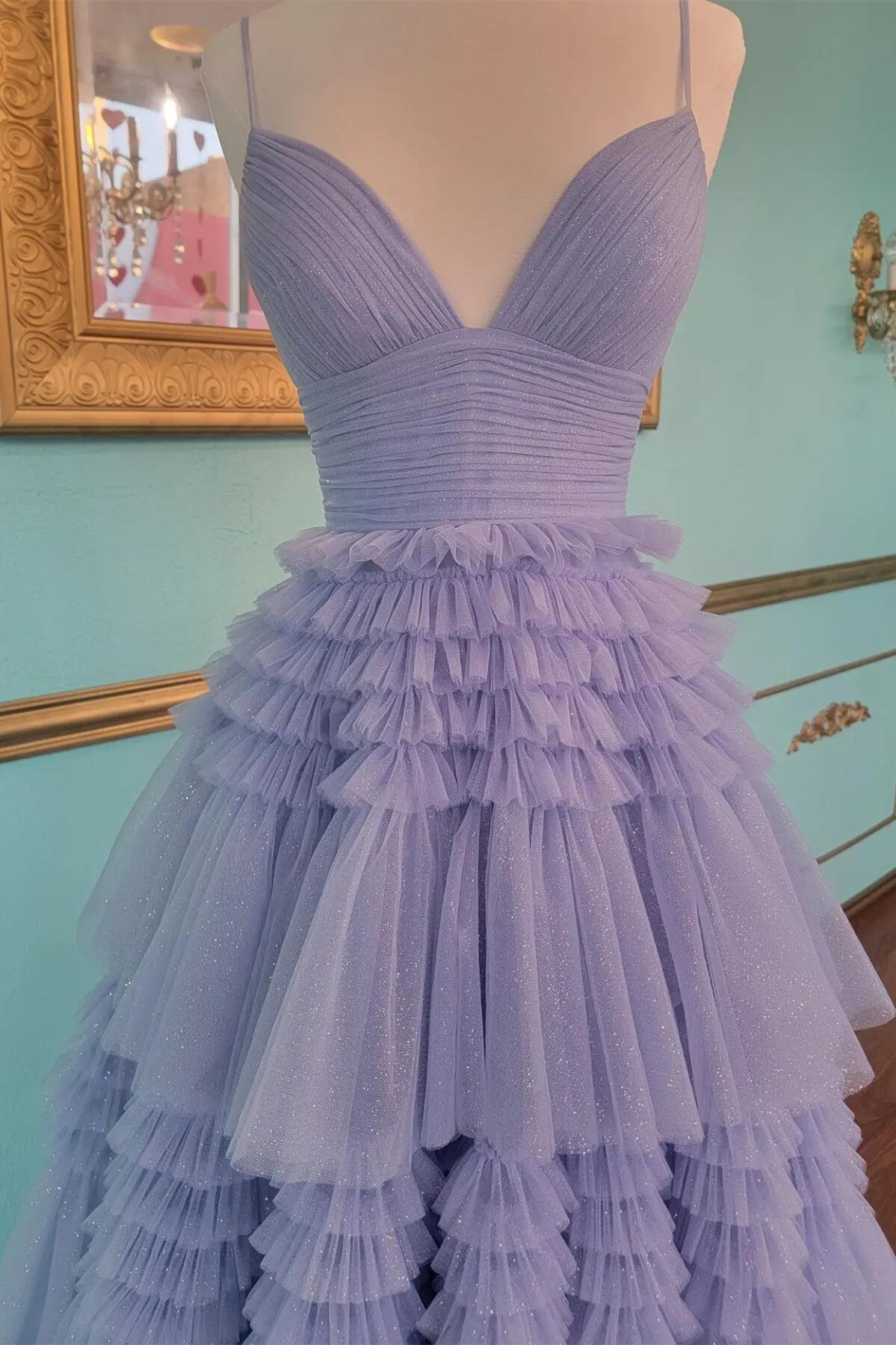 Straps Periwinkle Tulle Ruffles A-line Formal Dress