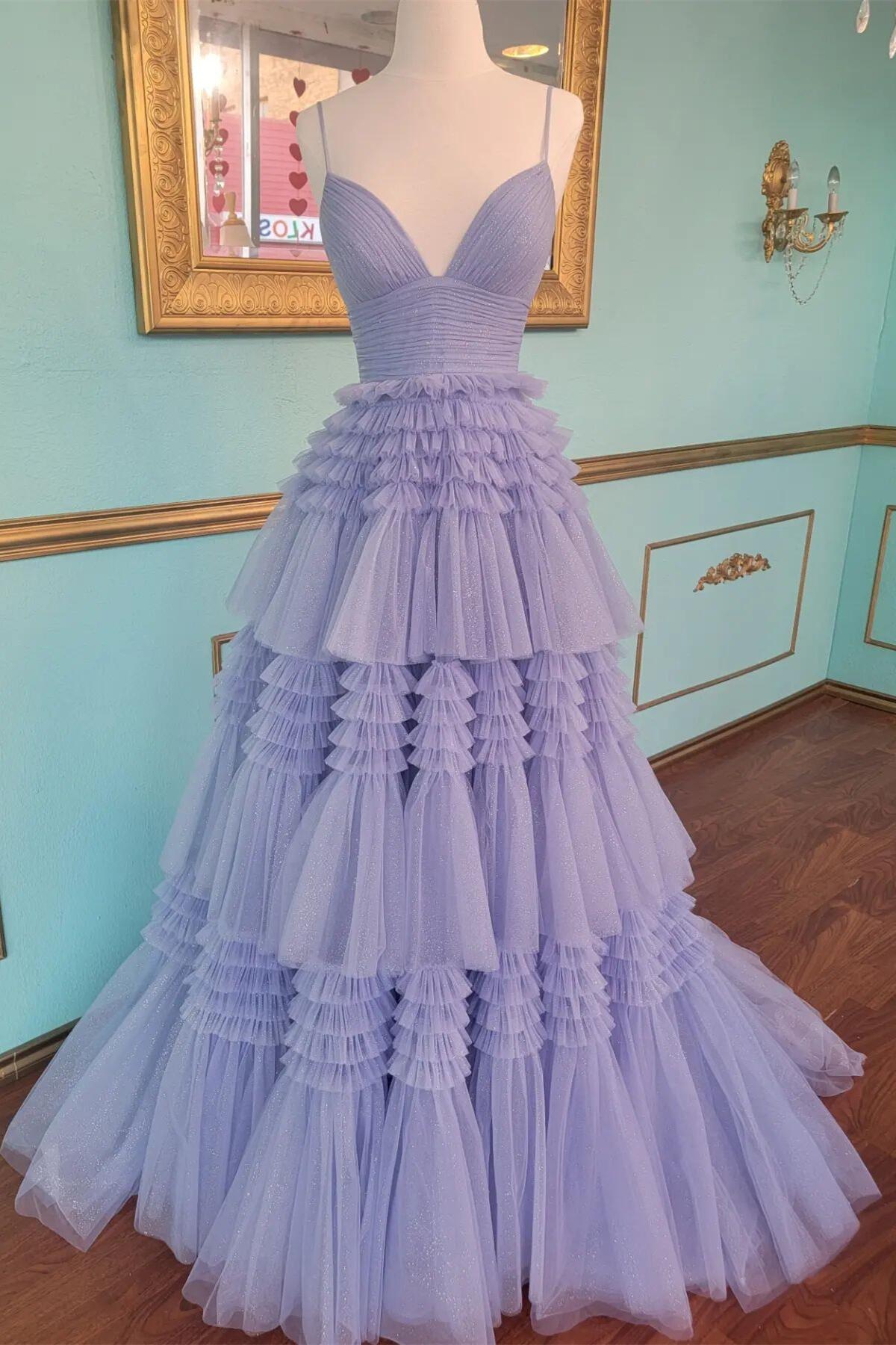 Straps V-Neck Periwinkle Tulle Ruffles A-line Formal Dress Dressesforparty Straps V-Neck Periwinkle Tulle Ruffles A-line Formal Dress Dressesforparty