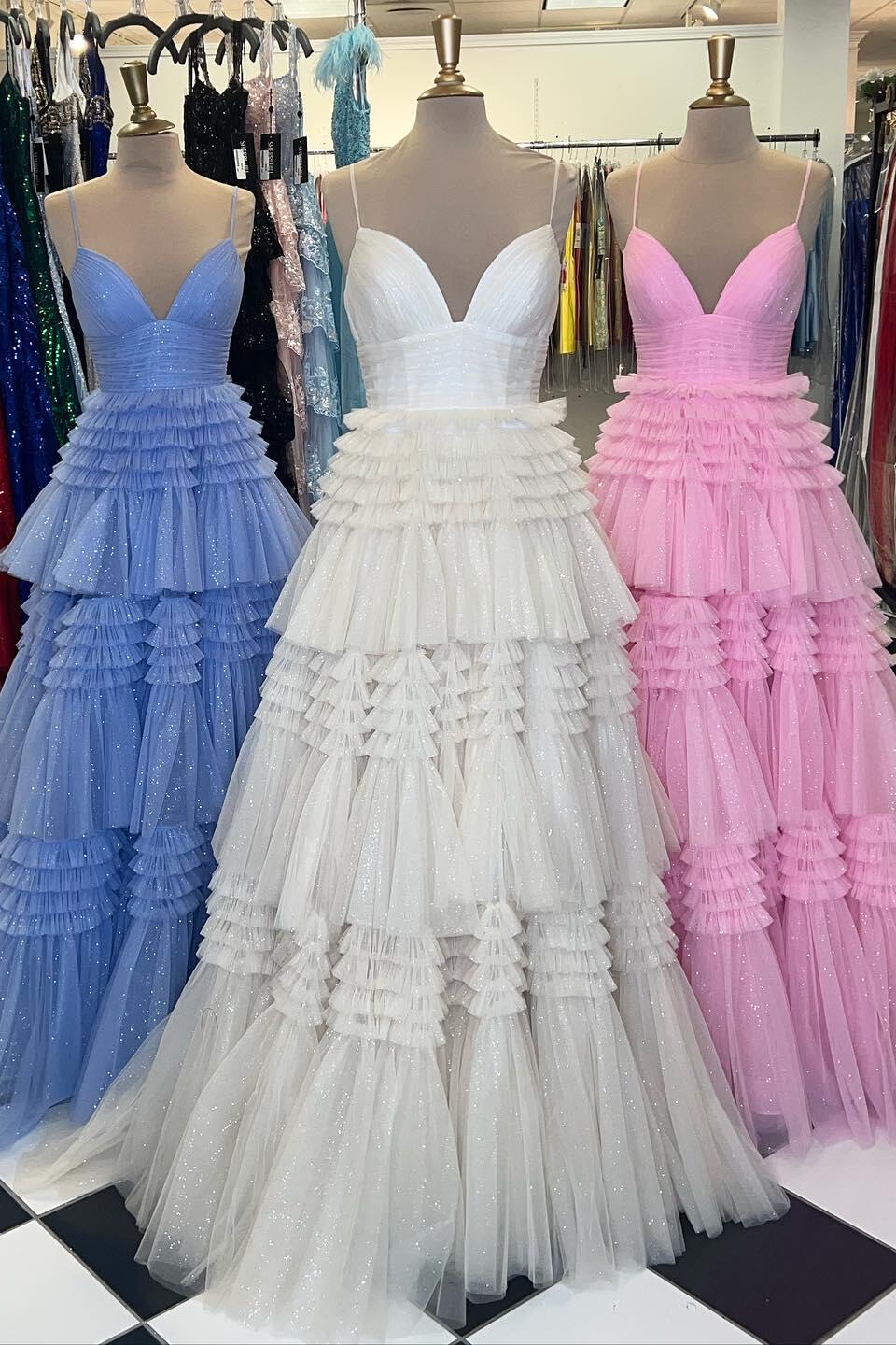 Straps Periwinkle Tulle Ruffles A-line Formal Dress