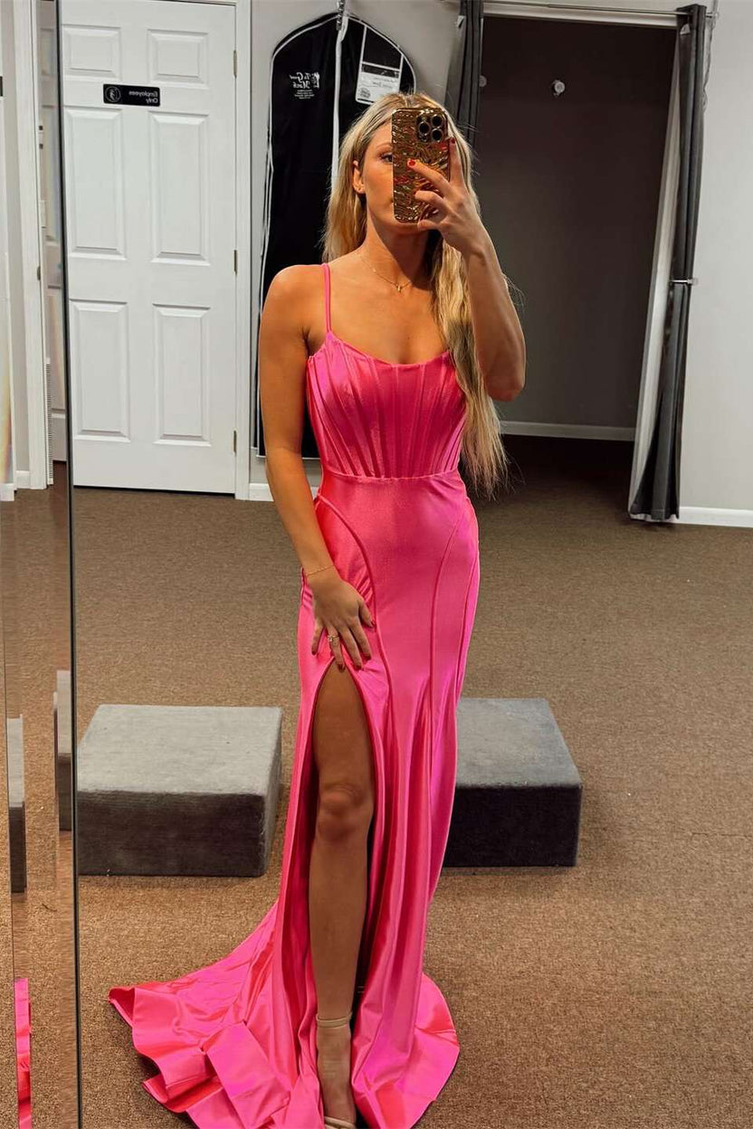Pretty Pink Strapless Chiffon Pleated Slit Long Party Dress Evening Dress