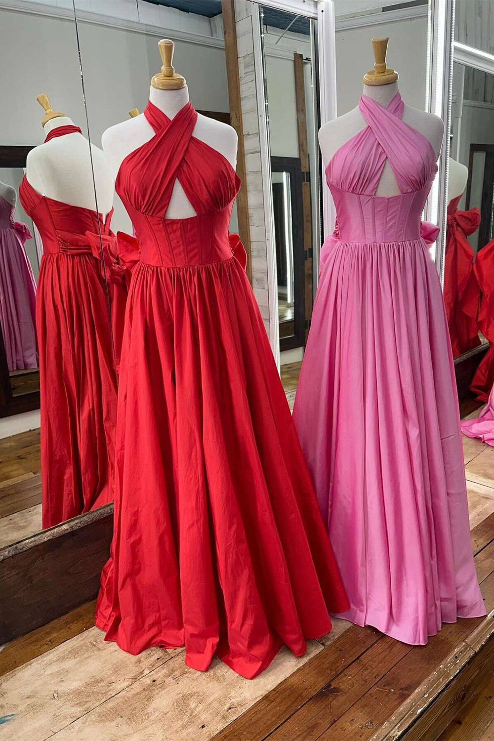 Halter Taffeta Formal Dress with Open Back and Flared Skirt