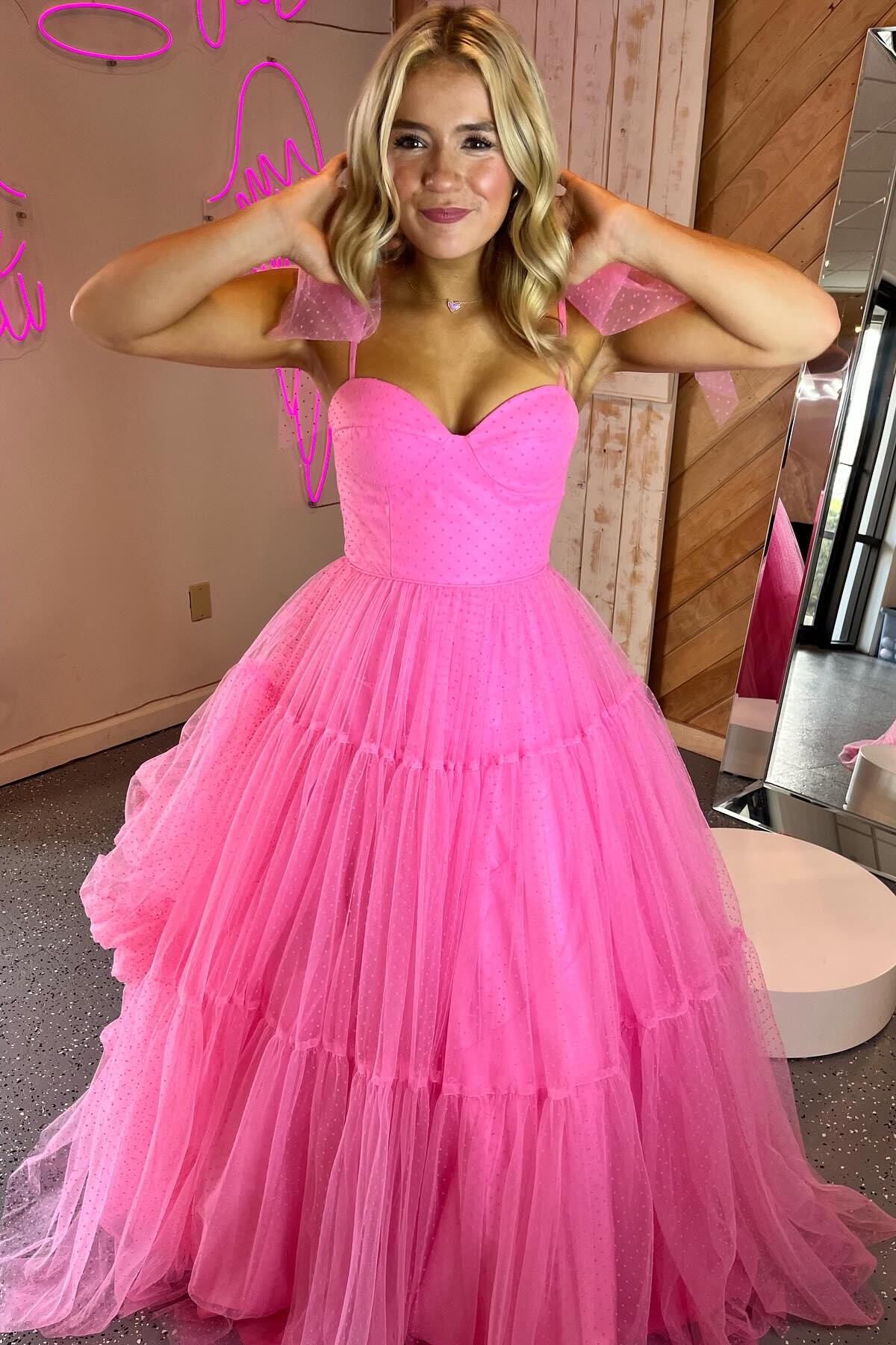Hot Pink Polk Dots A-line Long Formal Dress