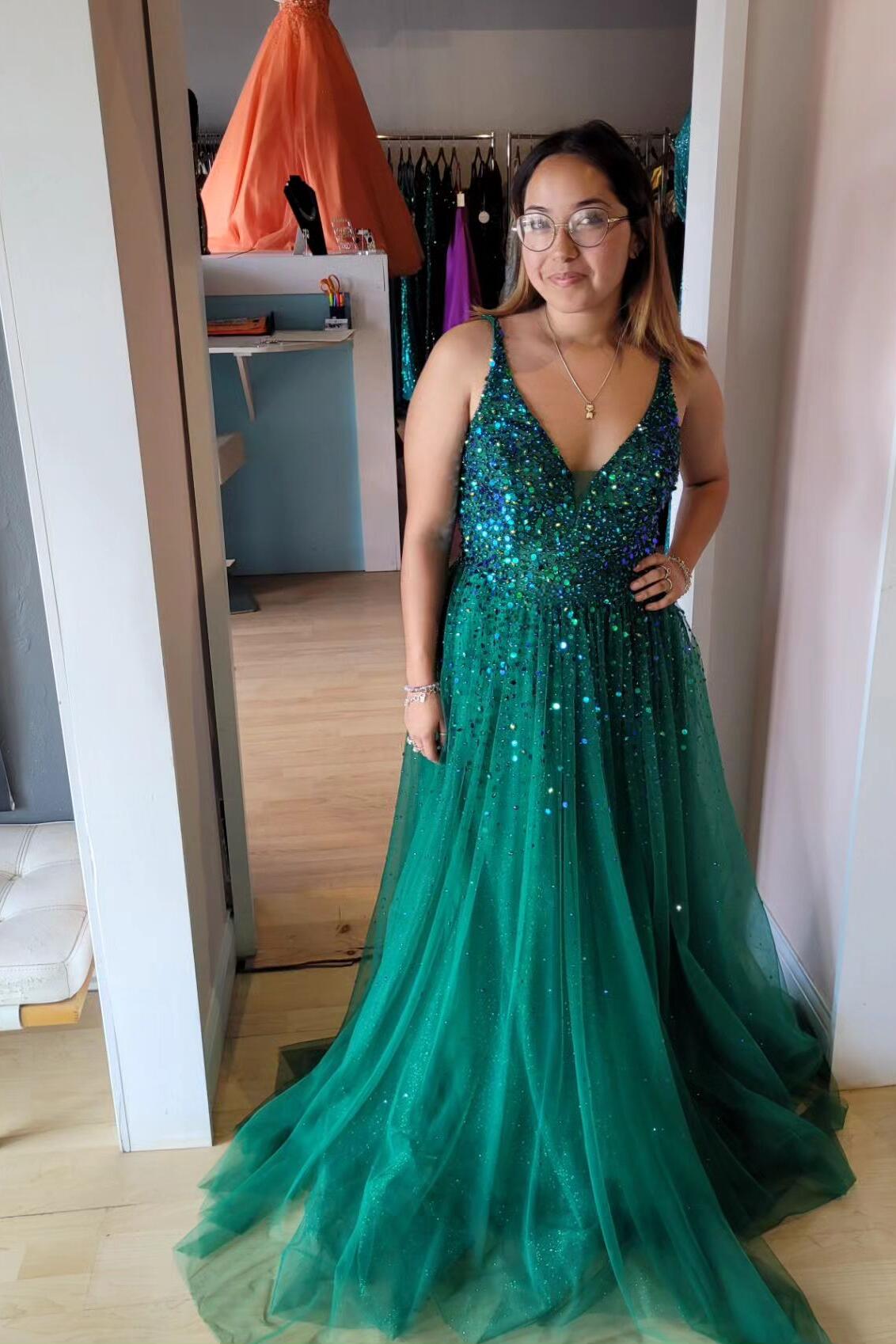 Emerald Green Beaded Tulle A-line Long Formal Dress