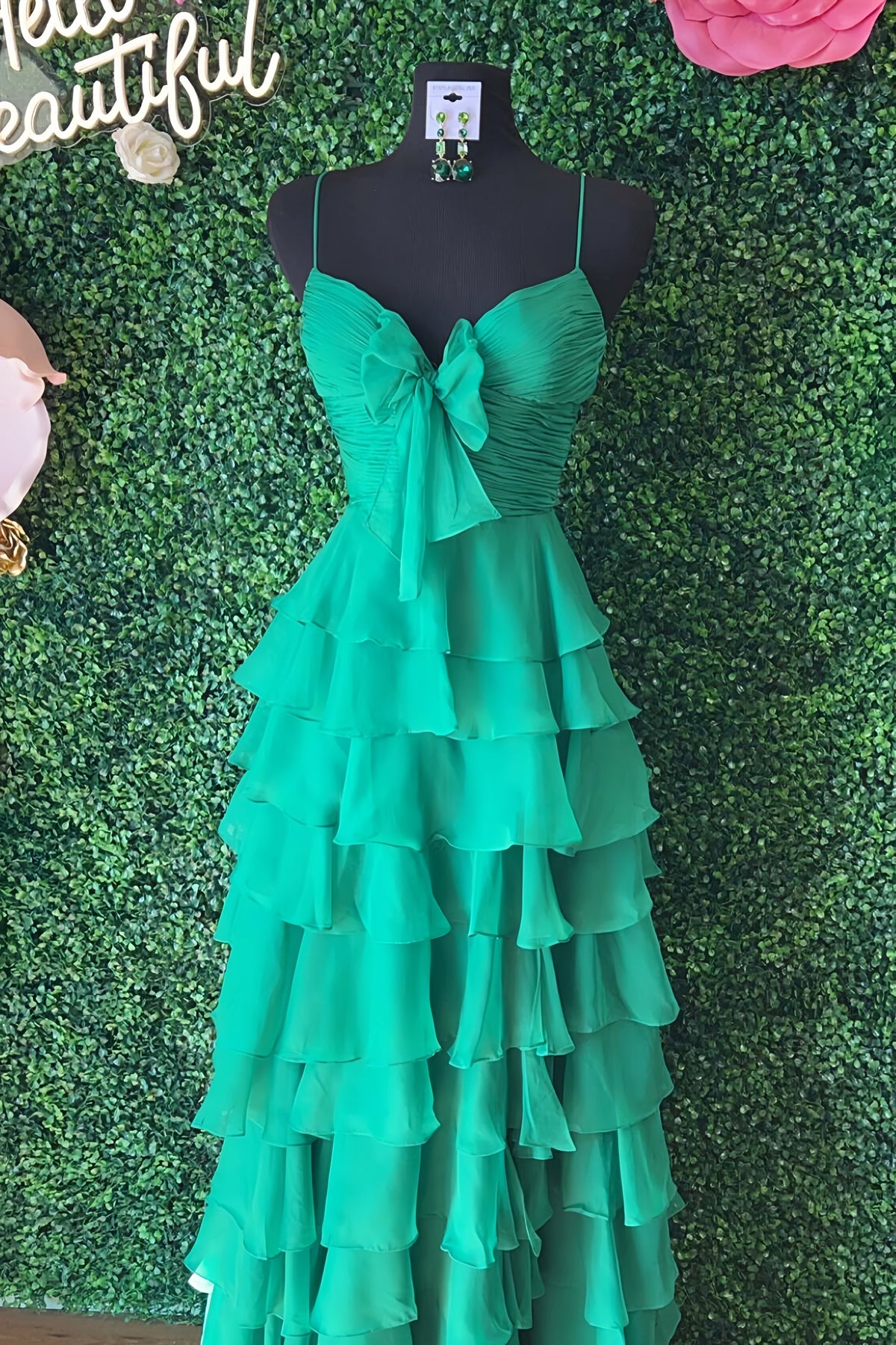 Straps Green Chiffon Tiered Ruffle Party Dress