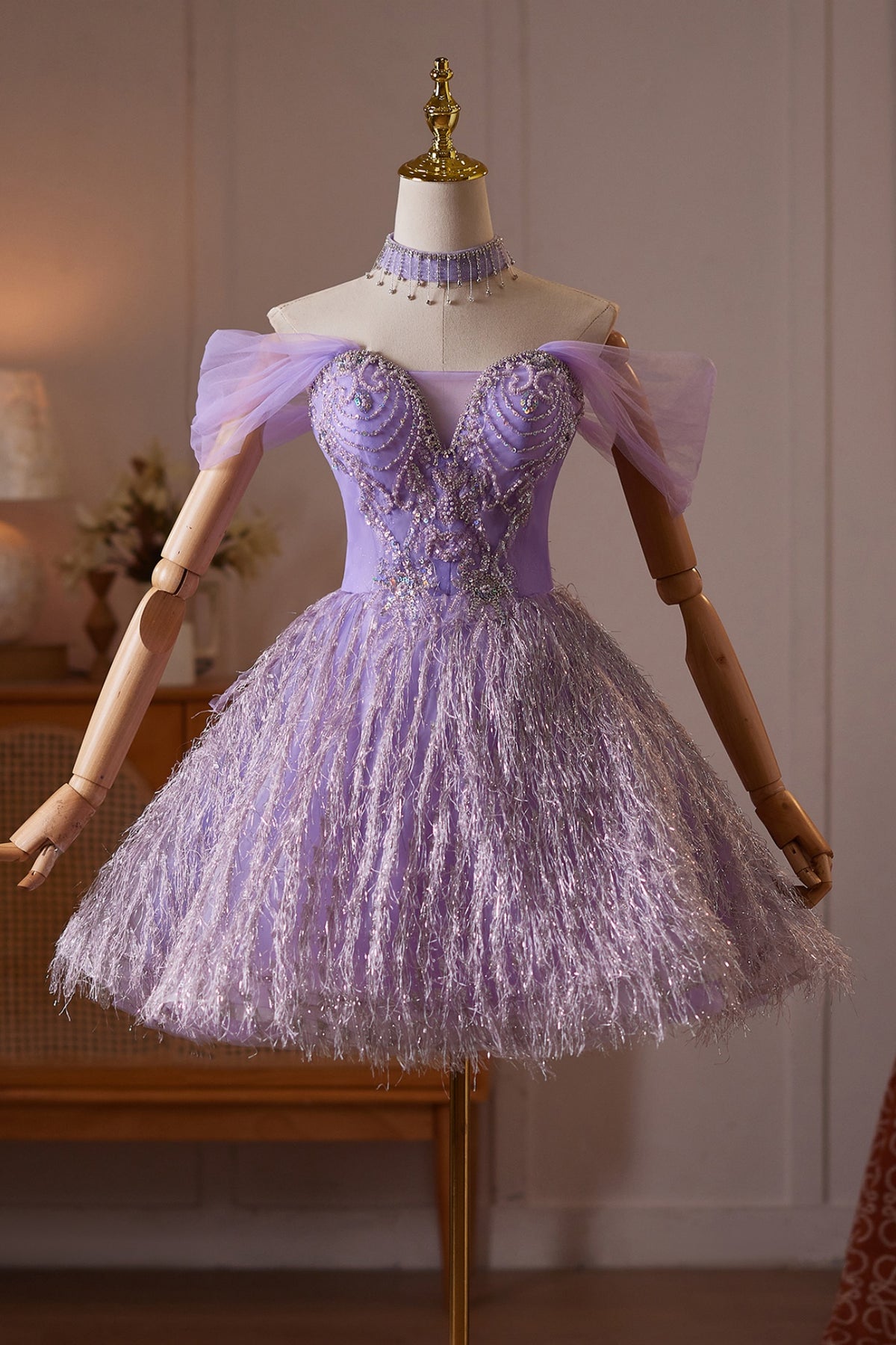 Lavender Off-Shoulder A-Line Mini Dress