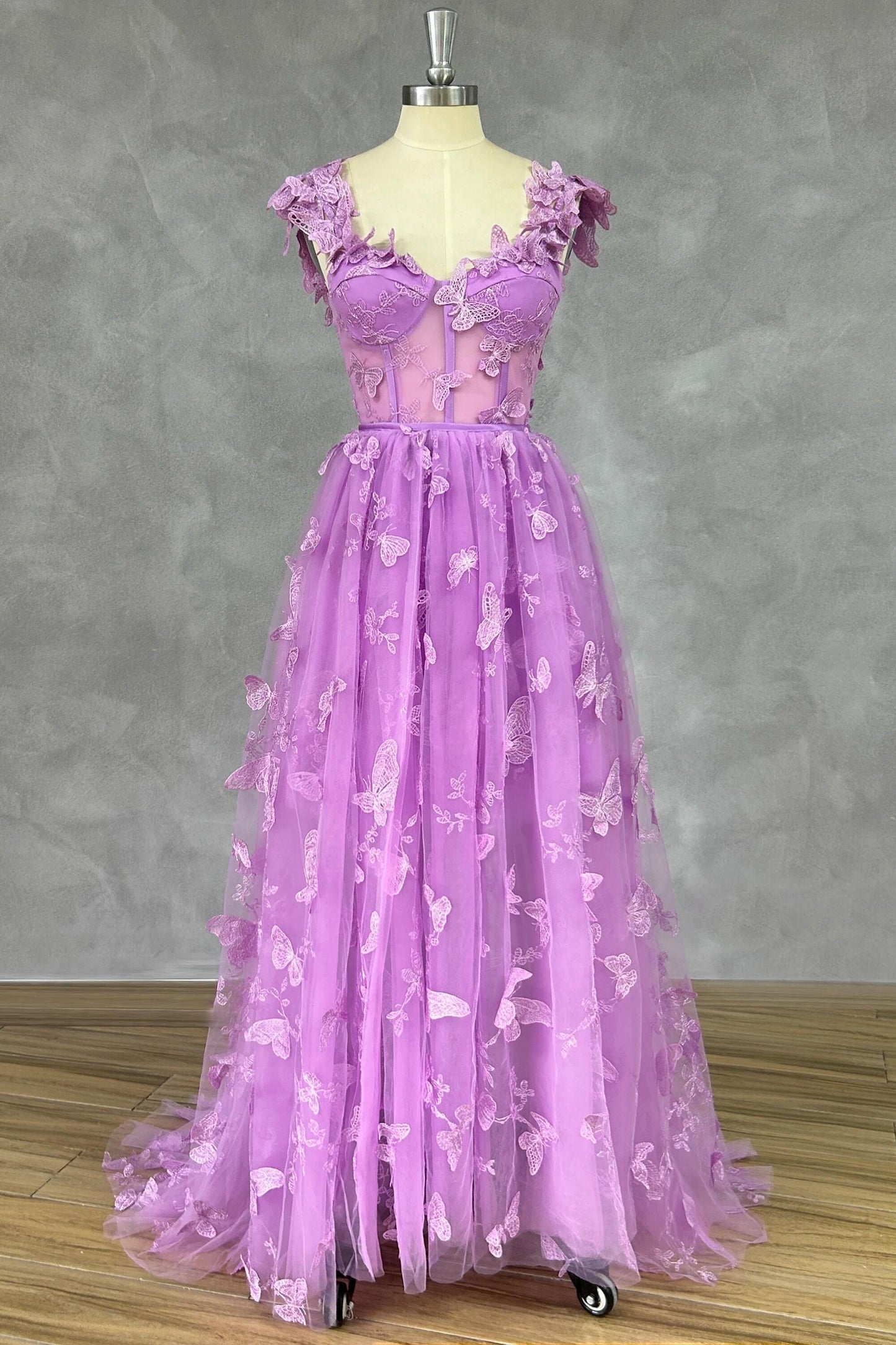 Straps Lilac Butterfly A-line Long Formal Dress