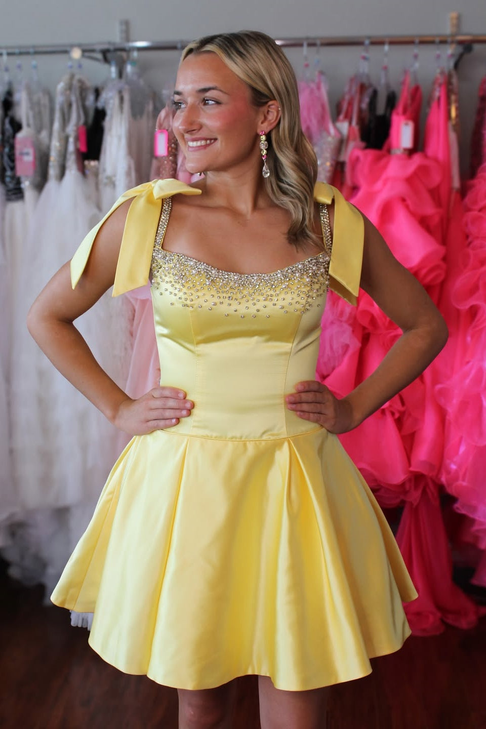 Yellow Satin Bow A-Line Mini Dress
