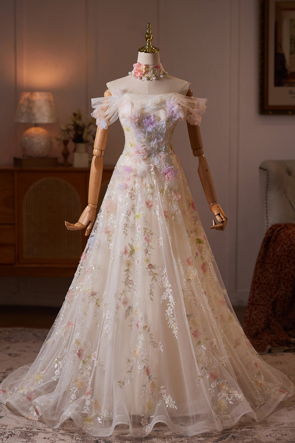 White Off-Shoulder Tulle A-Line Floor-Length Dress
