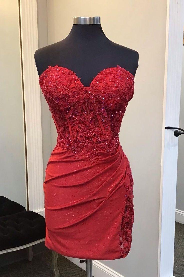 Red Sweetheart Appliques Ruched Tight Dress Dressesforparty Red Sweetheart Appliques Ruched Tight Dress Dressesforparty
