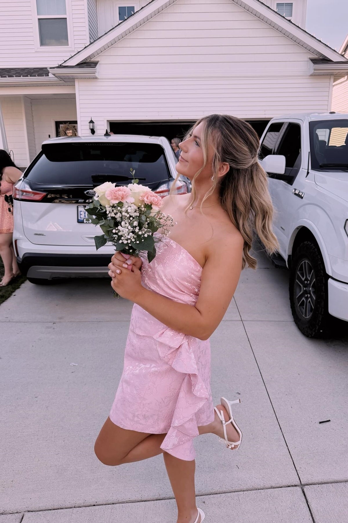 Light Pink Side Ruffle Train Strapless Dress