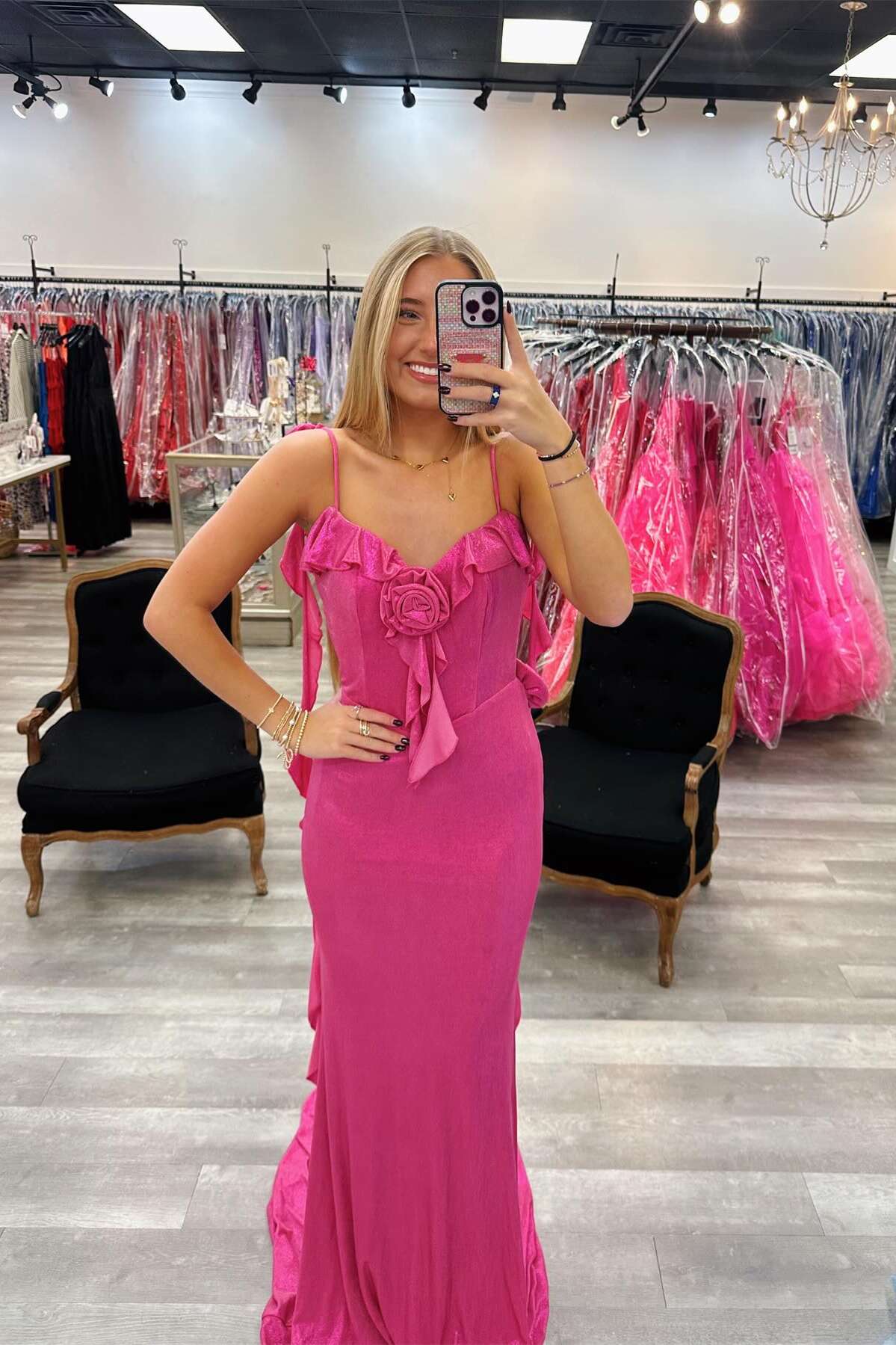 Straps Hot Pink Open Back Prom Dress with Flowers  Dressesforparty