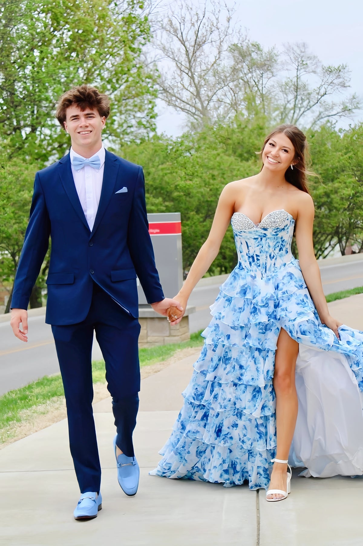 Light Blue Floral Beaded Sweetheart Long Dress