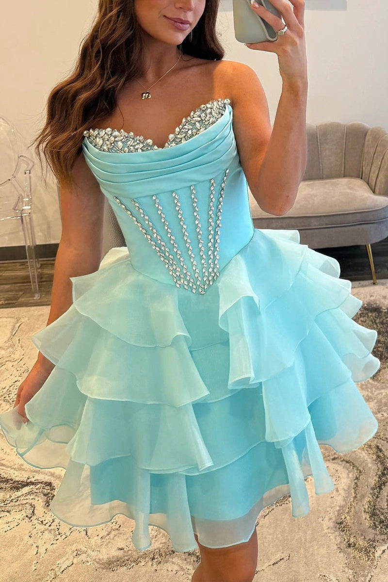 Light Blue Beaded Ruffle Short A-line Dress