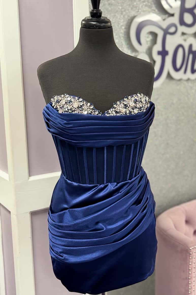 Navy Strapless Ruched Rhinestone Mini Dress