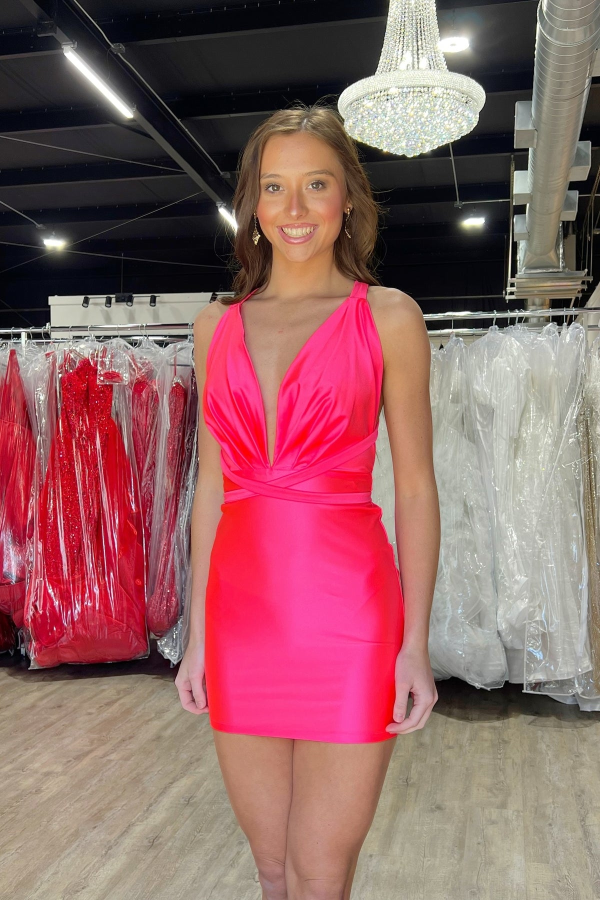 Deep V Neck Satin Fitted Mini Dress