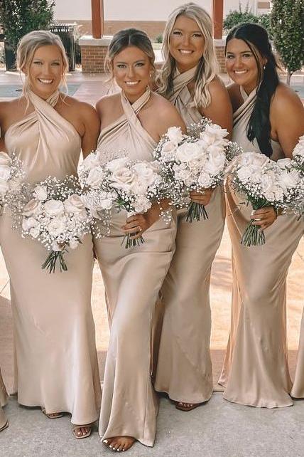 Champagne Cross Halter Neck Bridesmaid Dress