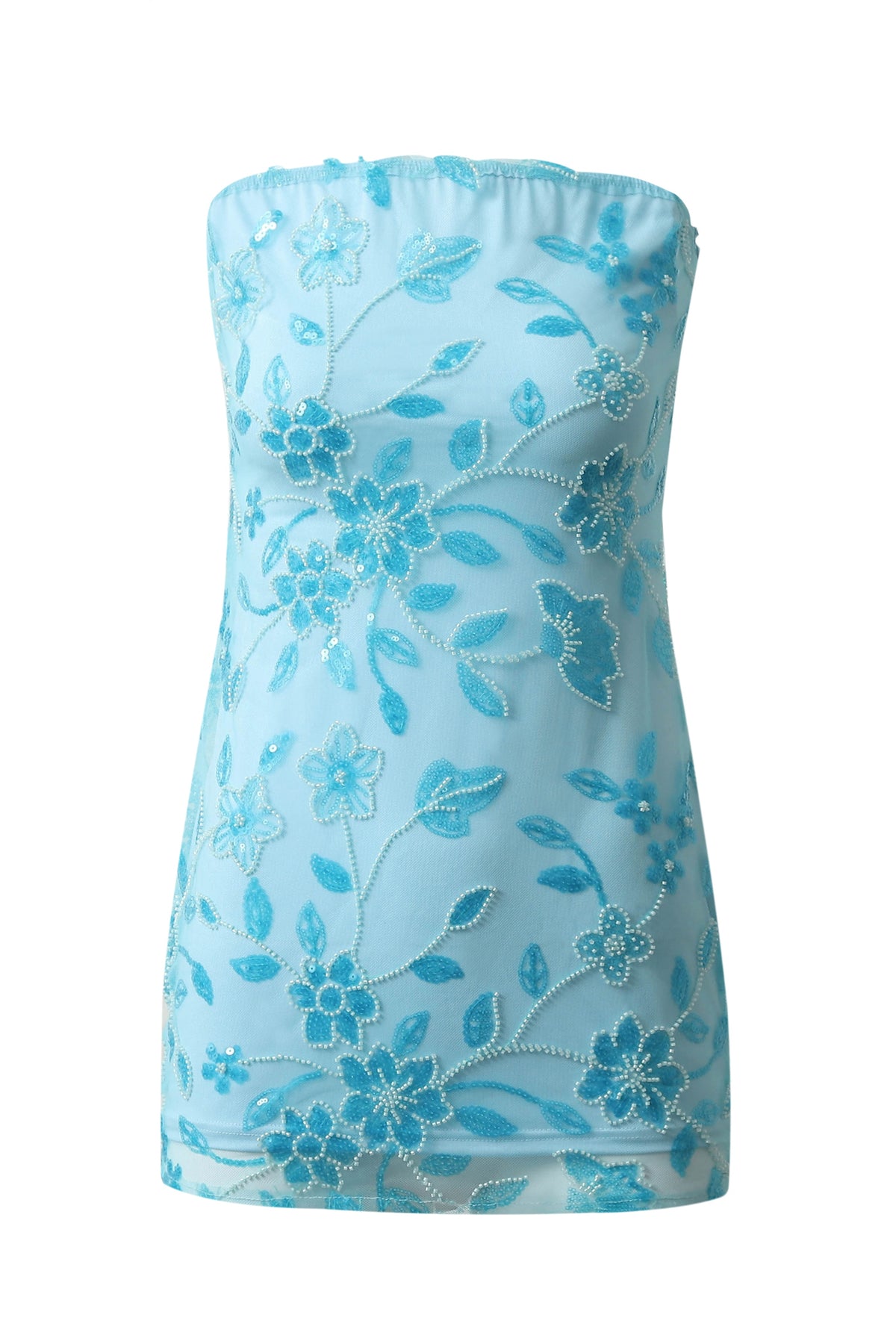 Blue Strapless Embroidered Fitted Mini Dress