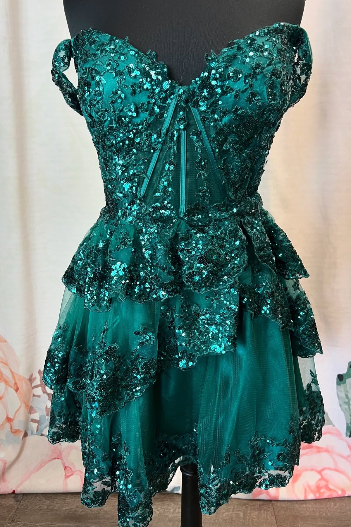 Green Off the Shoulder Embroidery A-line Short Dress