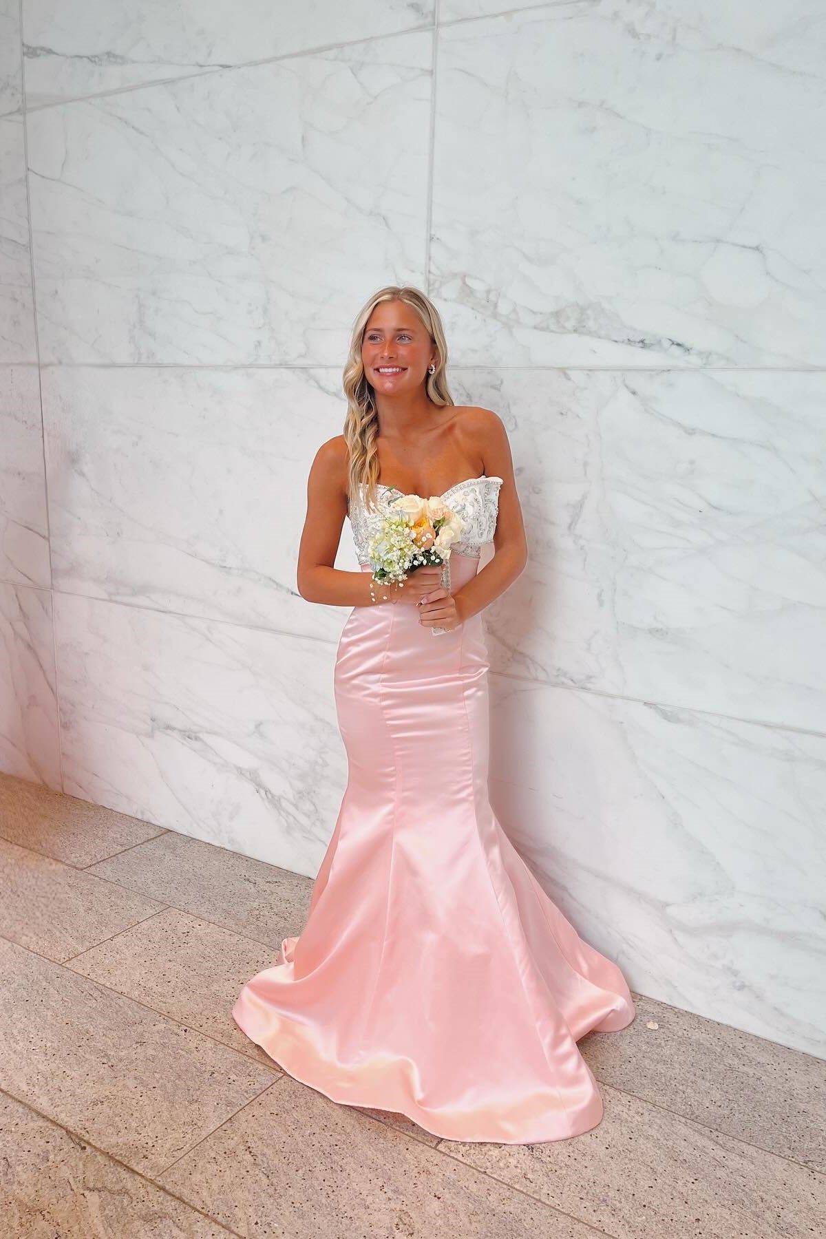 Pink Strapless Mermaid Bow Formal Dress