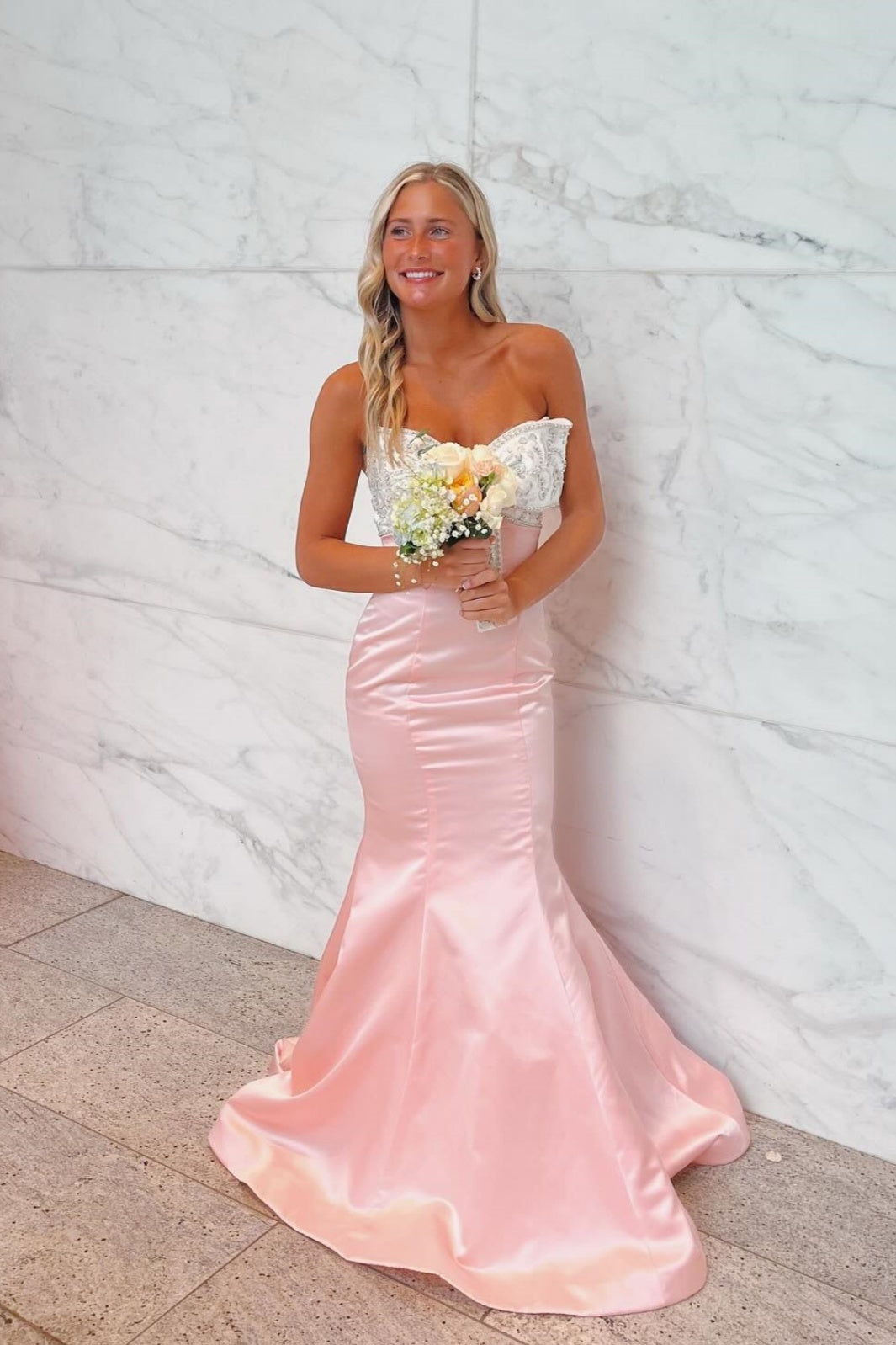 Pink Strapless Mermaid Bow Formal Dress