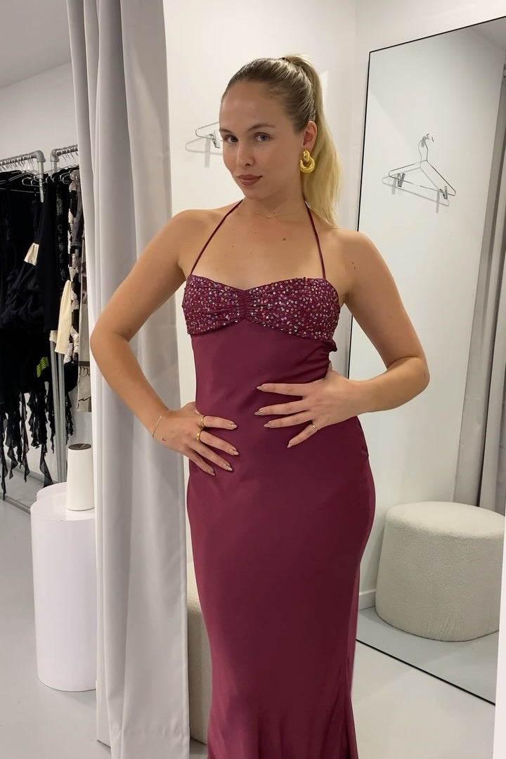 Fitted Burgundy Halter Neck Bridesmaid Dress