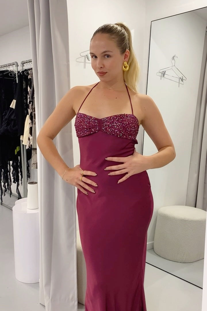 Fitted Burgundy Halter Neck Halter Dress
