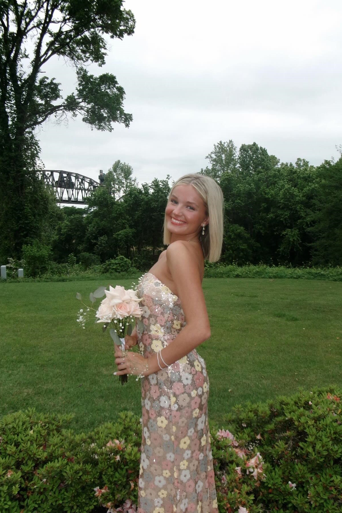 Fitted Strapless Floral Long Party Dress