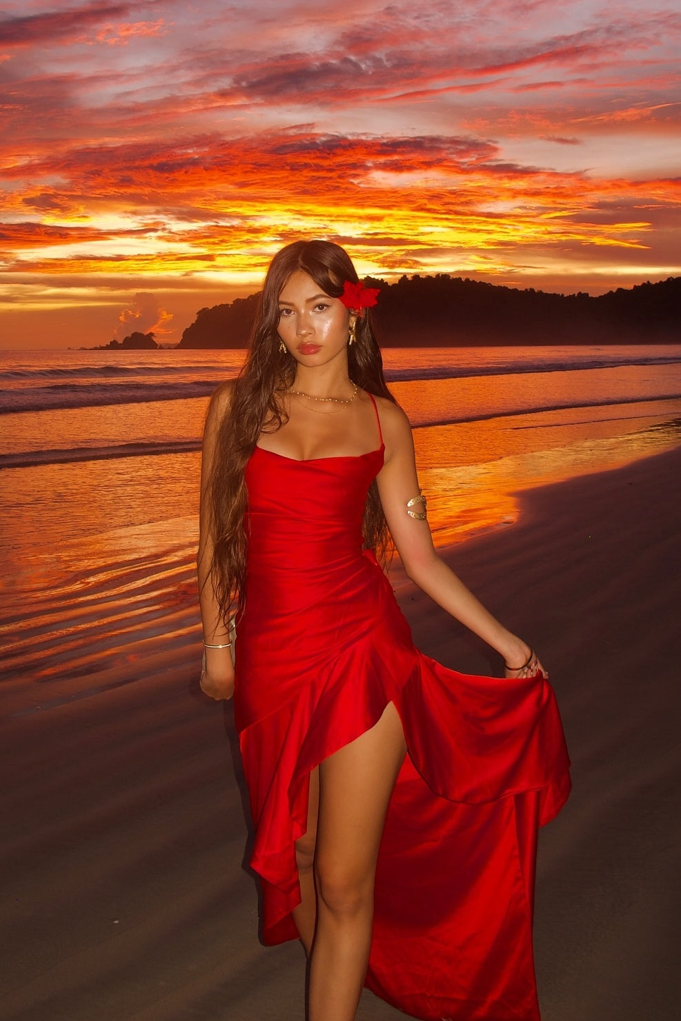 Red Satin Straps Frill Slit Long Dress