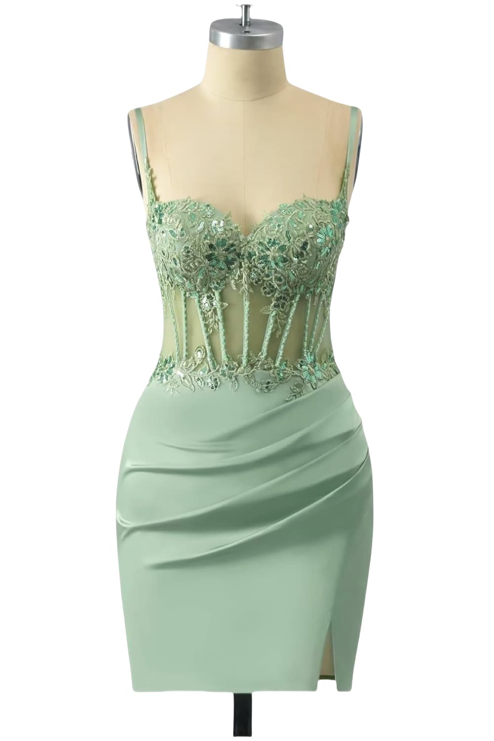 Embroidered Spaghetti Strap Green Tight Dress