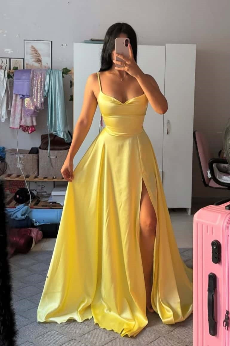 Yellow Straps A-line Satin Long Dress