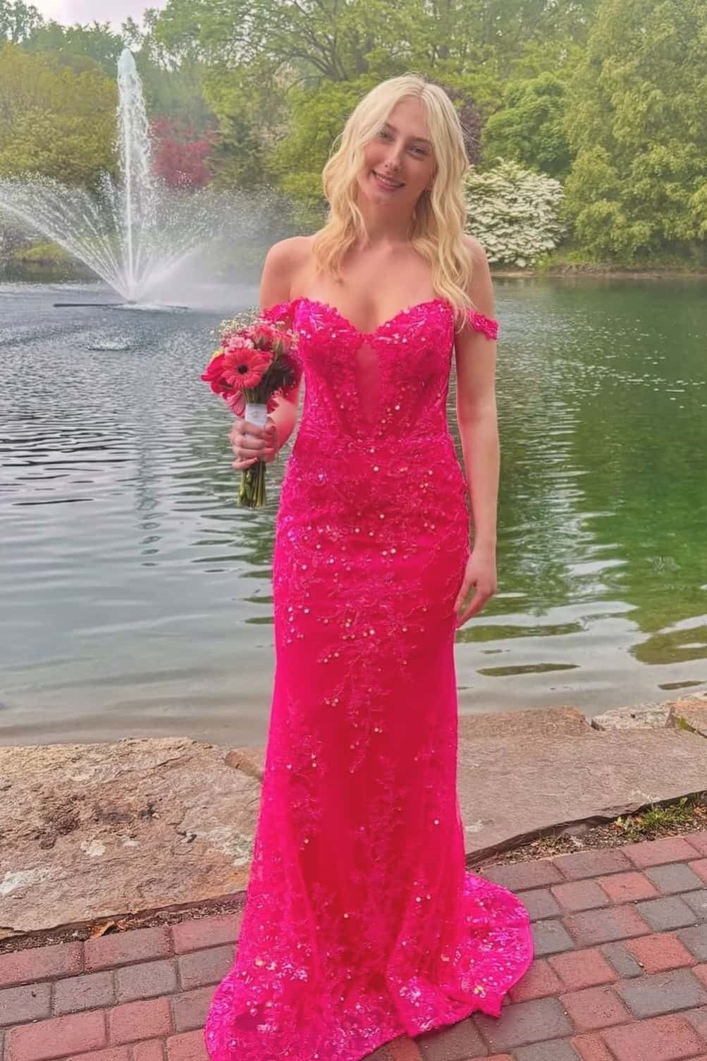 Hot Pink Sequin Embroidered Mermaid Dress