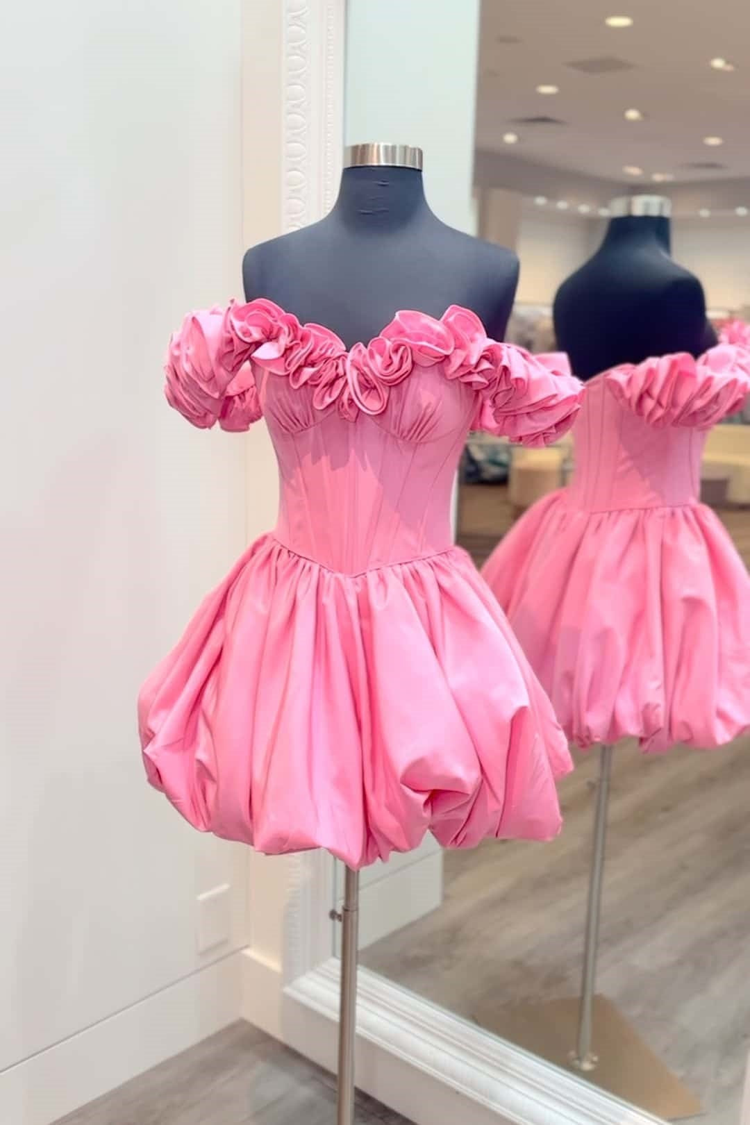 Pink Off-Shoulder A-Line Bubble Dress