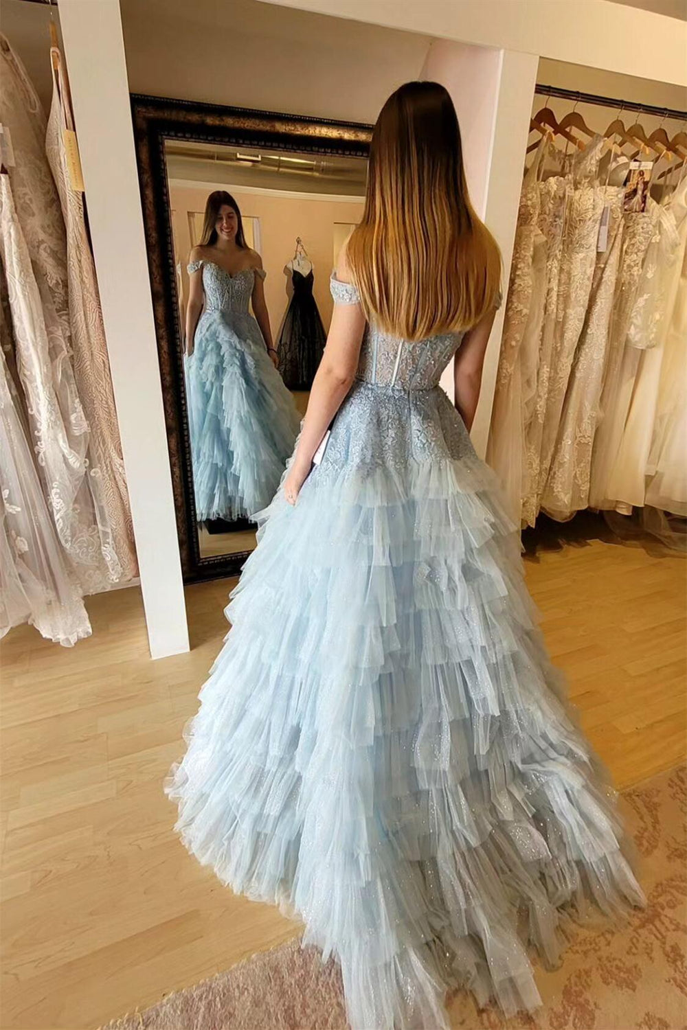 Dusty Blue Halter Neck Off The Shoulder Lace Top Evening Dress