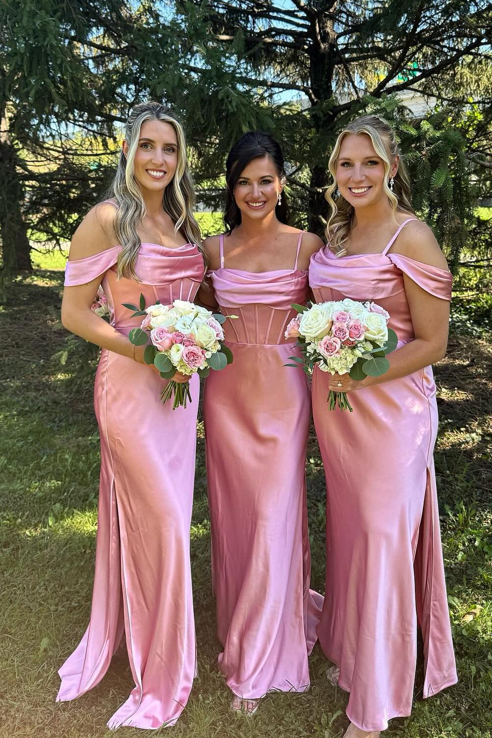 Off the Shoulder Pink Satin Fitted Long Bridesmaid Dress Dressesforparty Off the Shoulder Pink Satin Fitted Long Bridesmaid Dress Dressesforparty