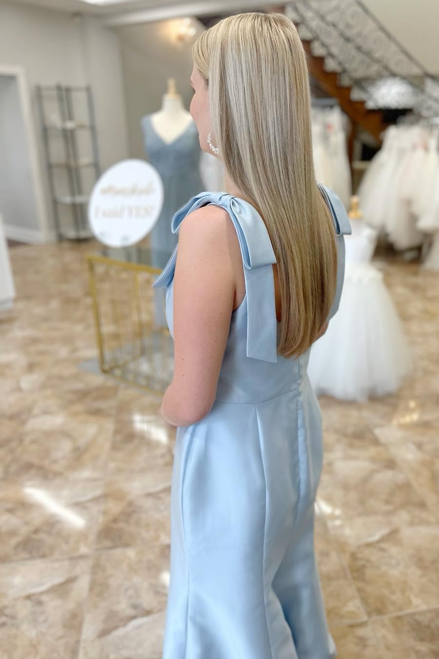Bow Straps Light Blue Satin Long Bridesmaid Dress – Dressesforparty