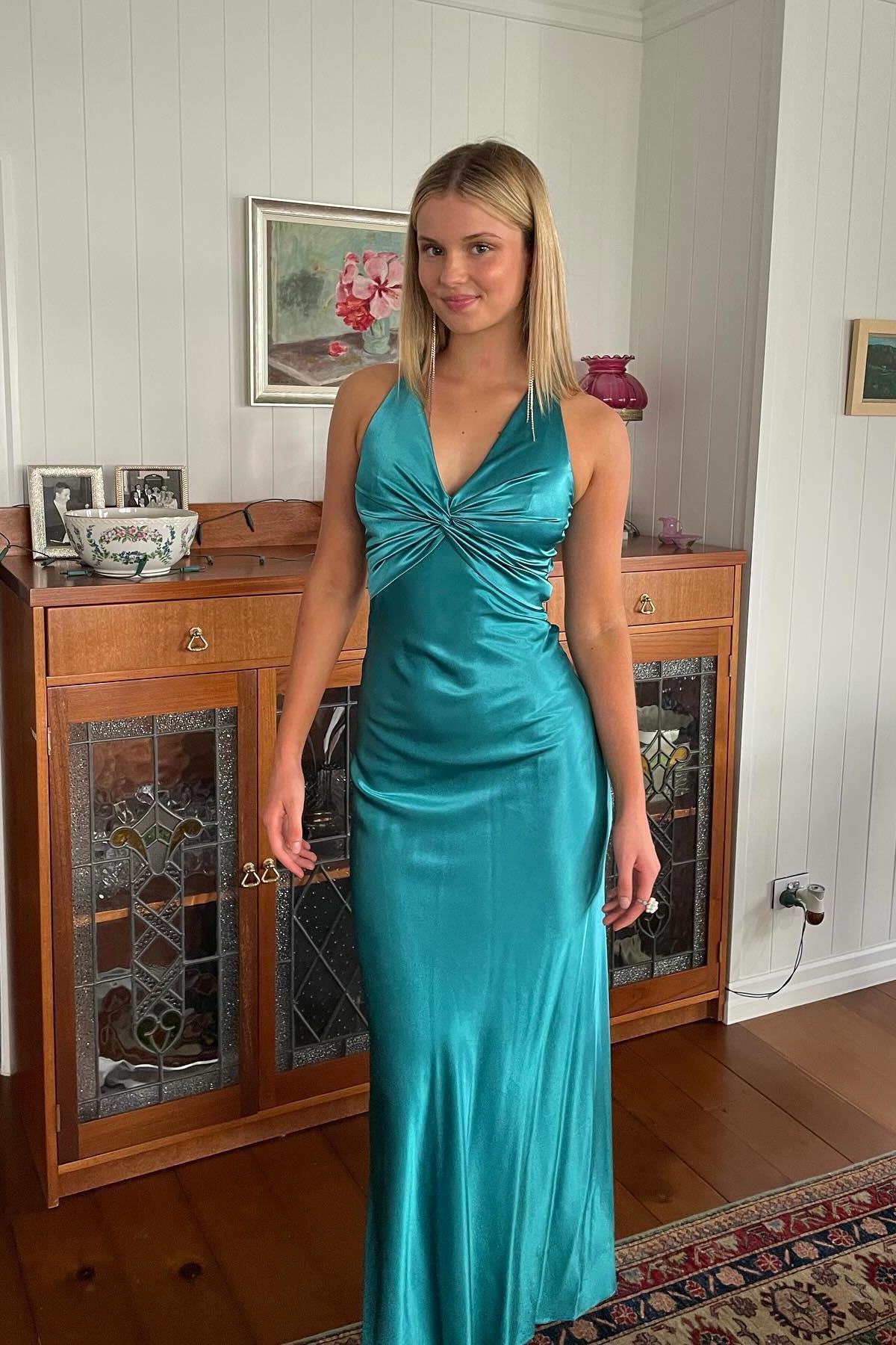 open lace back dress Teal Satin Sheath Strapless Prom Dresses with Slit, PL643 main image 1