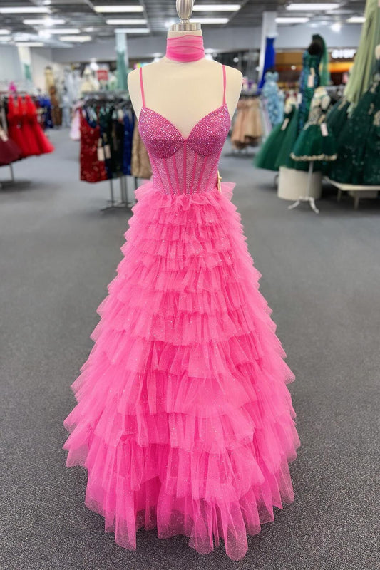 Beaded Corset Hot Pink Tulle Tiered Ruffles Gown