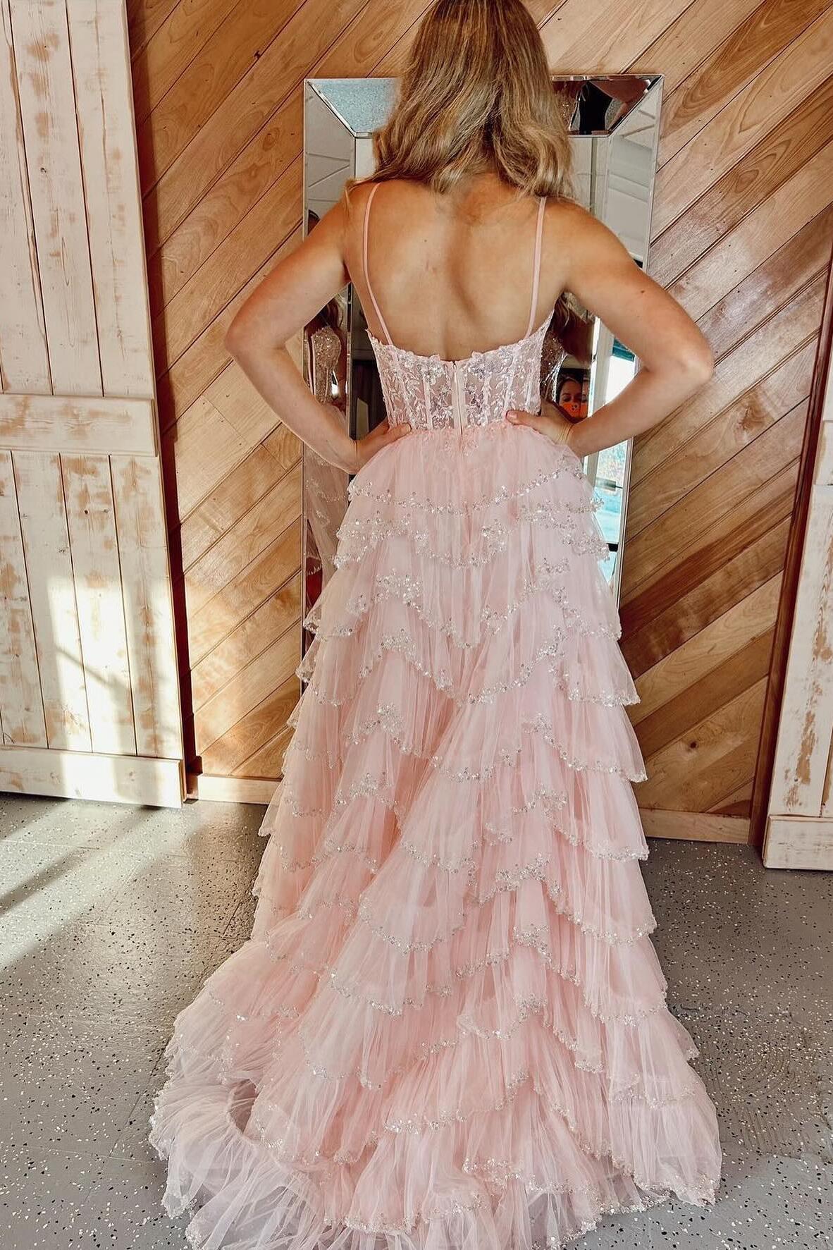 Straps Pink Appliques and Tulle Ruffles Prom Dress