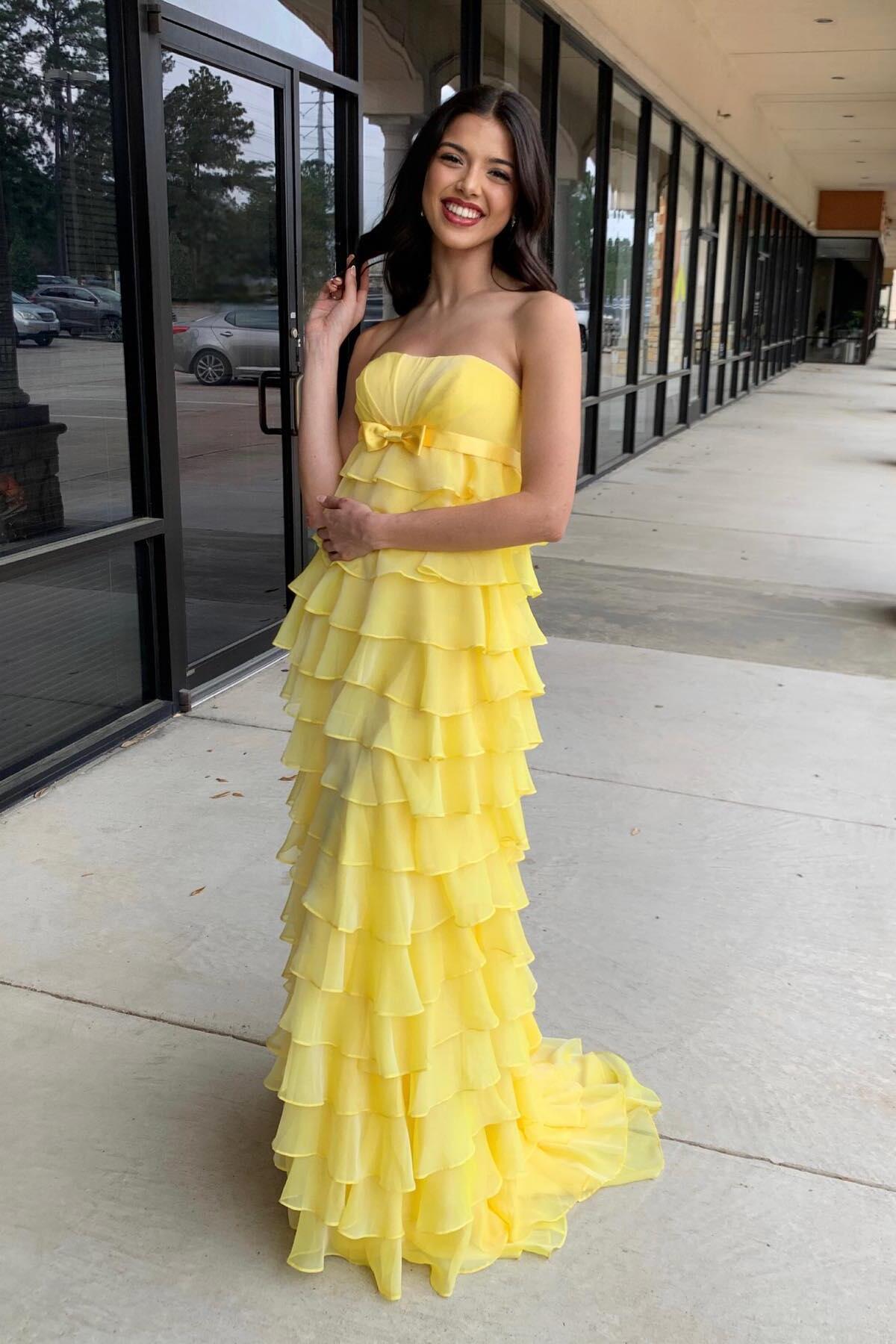 Strapless Yellow Chiffon Tiered Ruffles Long Party Dress