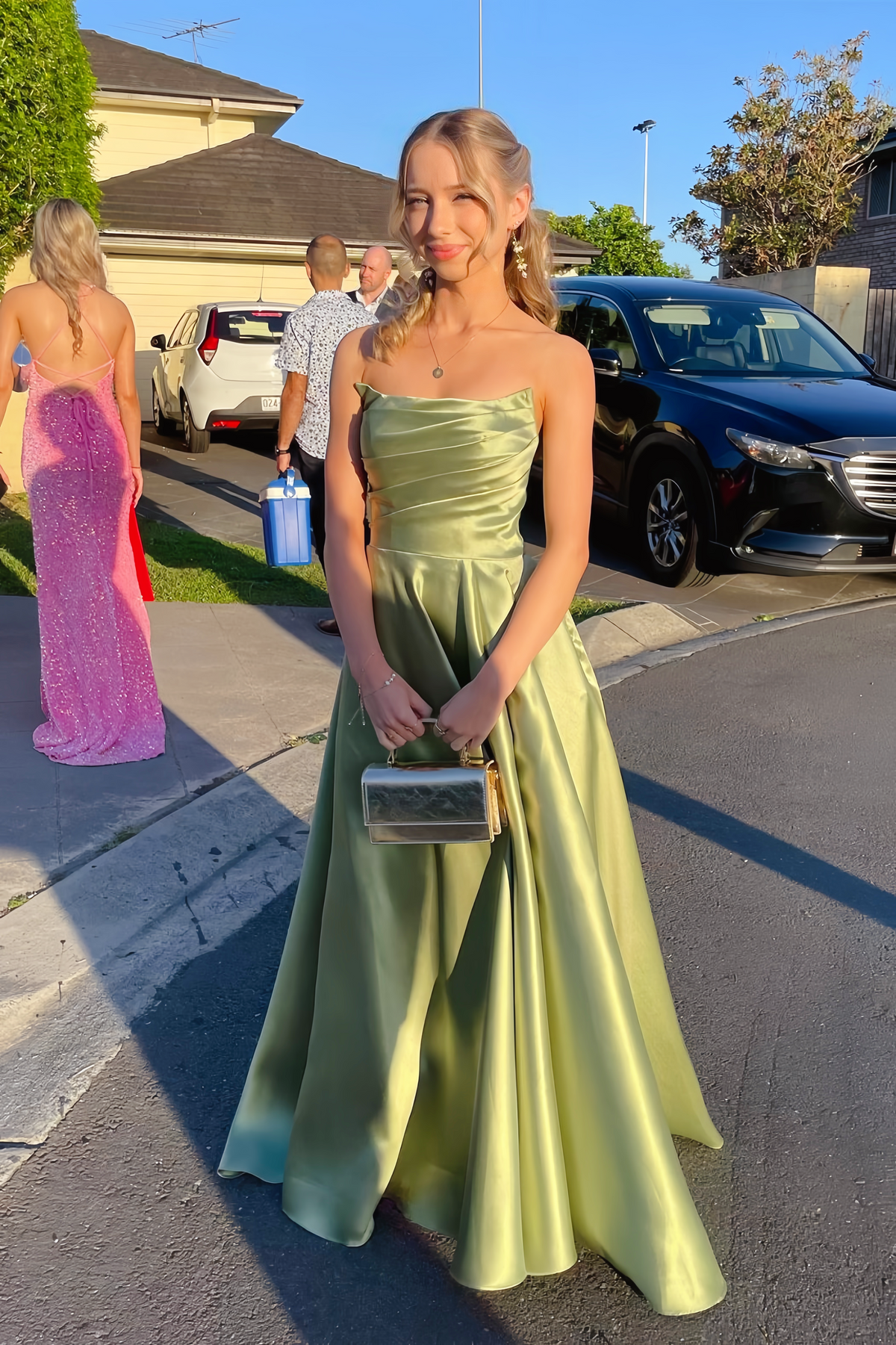 Strapless Sage Green Satin A-line Long Formal Gown