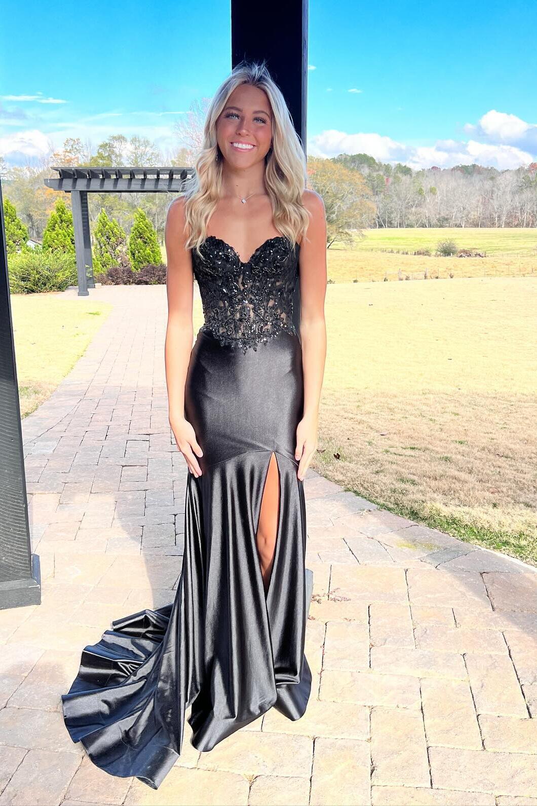 Sweetheart Black Appliques Mermaid Prom Dress with Slit